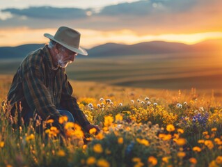 Elderly Man Cultivating Native Flowers in Sunny Meadow for Biodiversity Project