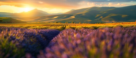 Sunset Serenity Over Lavender Fields of Provence: No People, Natural Beauty