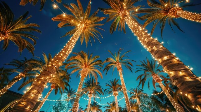 Palm trees decorated with festive and bright garlands in the evening