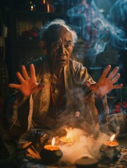 Elderly Southeast Asian Healer Performing Ritual on National Paranormal Day in Dimly Lit Room