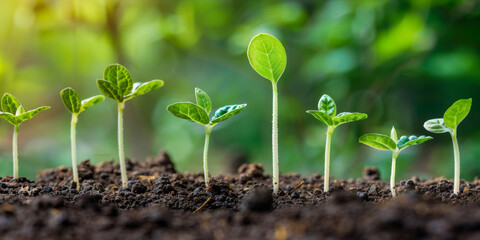 Sprouting seedlings line up in a dance of growth on fertile soil under soft sunlight. - obrazy, fototapety, plakaty