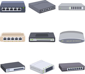 network switch set cartoon. router firewall, traffic data, connectivity management network switch sign. isolated symbol vector illustration