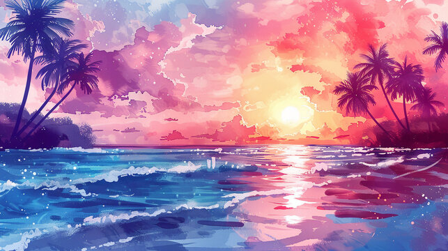 depicting a tropical paradise with palm trees against a backdrop of vibrant watercolor splashes