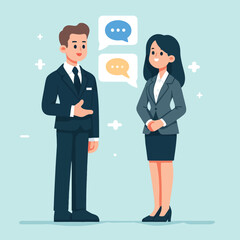 illustration of a business man and a business woman talking with chat icon