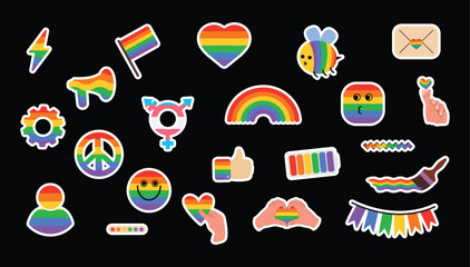 lgbt stickers set, gay pride icon, isolated on black background rainbow symbols, lgbtq pride month