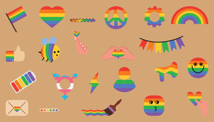gay pride icon, lgbt stickers set, isolated rainbow symbols lgbtq
