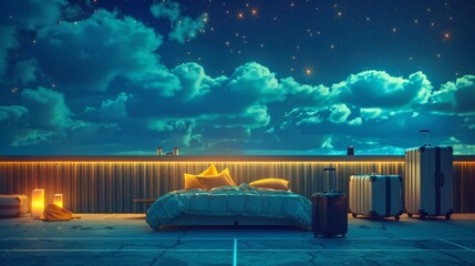 Dreamy Sleep Tourism Concept on a Tennis Court at Night with Travel Luggage