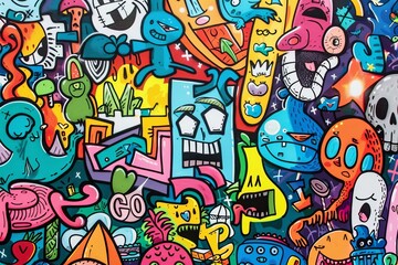 Cartoon cute doodles of colorful murals and murals decorating the walls of urban buildings, Generative AI