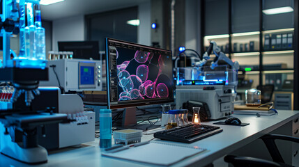 : A researcher's workstation with various scientific instruments, - obrazy, fototapety, plakaty