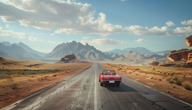A red convertible is driving down a long, empty road in a desert by AI generated image