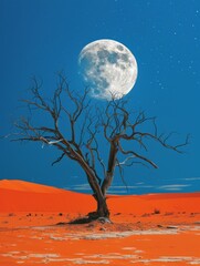 Solitary Dead Tree Against Moon in Vibrant Desert for World Environment Day