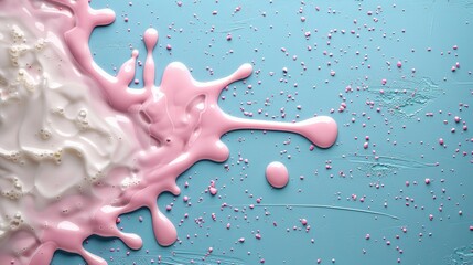 Serene milk flow on pastel canvas for World Milk Day: Creamy liquid texture juxtaposed with soft pink and blue, capturing milk's nutritional elegance