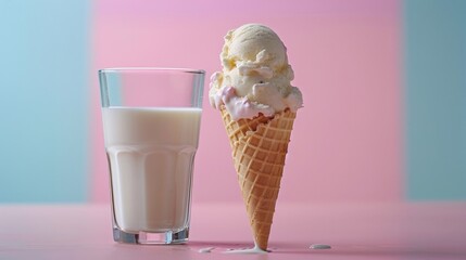 melting ice cream cone and milk glass against a pink and blue pastel background for World Milk Day, representing milk's sweetness and joy in desserts
