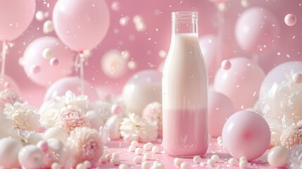 Ethereal milk bottle amidst balloons and flowers for World Milk Day: A celebration of dairy in a dreamy pink balloon-filled wonderland