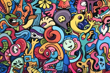 Cartoon cute doodles of colorful murals and murals decorating the walls of urban buildings, Generative AI
