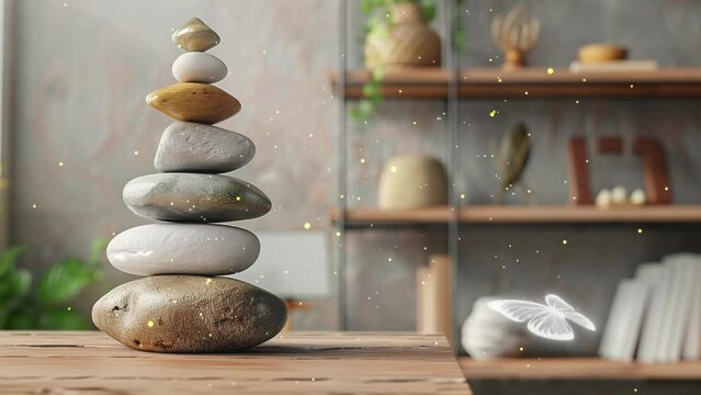wooden vintage table shelf with stone balance. seamless looping overlay 4k virtual video animation background