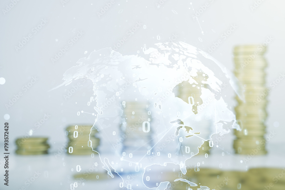 Aufkleber double exposure of abstract programming language hologram and world map on growing stacks of coins b