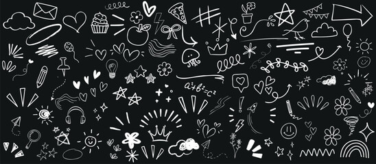 Blackboard doodle art, white drawings, stars, hearts, arrows. Perfect for creative projects, school presentations, artistic advertisements. Engaging, versatile visual. Includes smiley faces, clouds