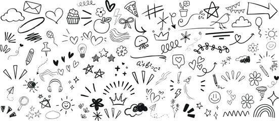 Fototapeta premium hand drawn Doodle art, black ink on white, symbols, icons, playful design. Perfect for backgrounds, wallpapers, artistic expression. Features everyday objects, abstract shapes