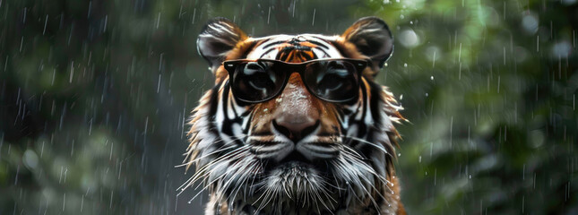 wet happy tiger with sunglasses rain