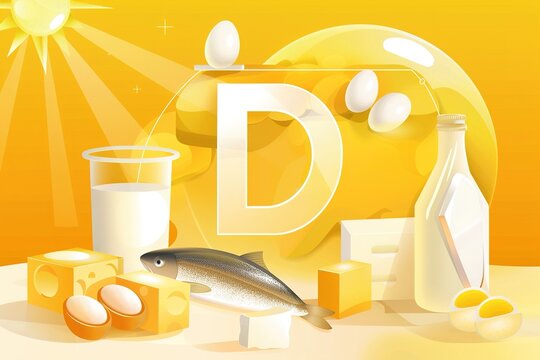 Vitamin D concept with sun icon and foods rich in vitamin D. Generated AI.