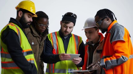 Fototapeta premium A group of diverse engineers in safety vests, strategizing over a digital tablet, showing teamwork, set against a clean white backdrop.