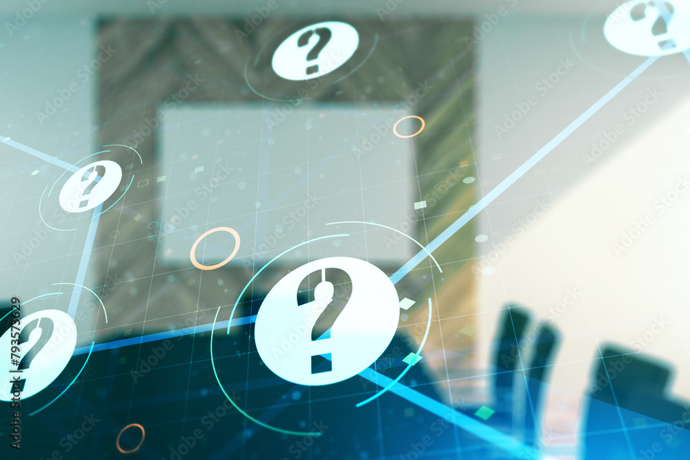 Aufkleber abstract virtual question mark illustration on a modern conference room background. faq and search c