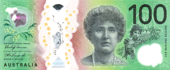 Vector reverse high polygonal pixel mosaic banknote of Australia. Denominations of bill 100 dollars 2020. Game money of flyer. Part 2 © GAlexS