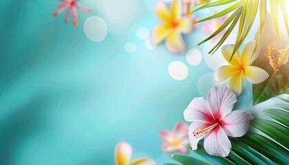 A blue background with a bunch of flowers including a pink and yellow flower by AI generated image