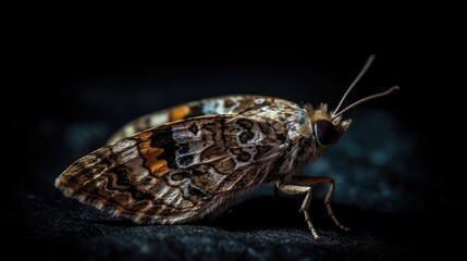 Close Up of Golden Winged Moth in Dark Ambiance - obrazy, fototapety, plakaty