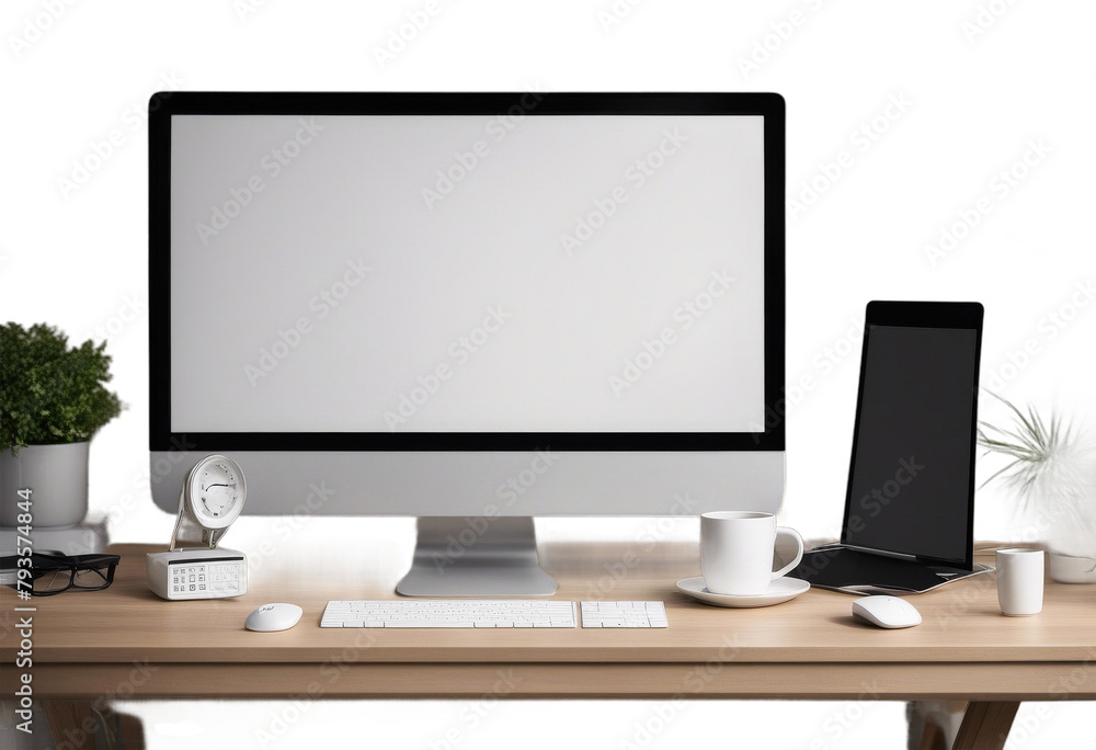 Poster computer display for mockup in office interior work desk with keyboard mouse cup