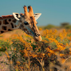 giraffe eats bush leaves
