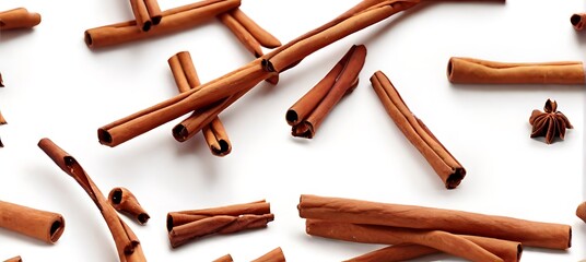 Cinnamon sticks levitate on a white background.