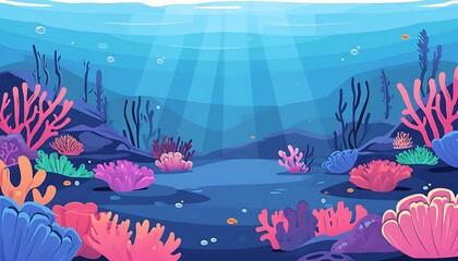 Vibrant underwater seascape with diverse marine life among coral reefs, in a lively vector illustration. Generative AI