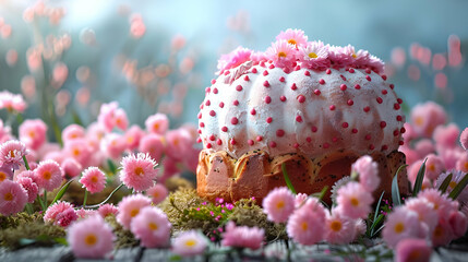 Easter Kulich Among Pink Blossoms: A Pastoral Celebration, Tender and Delightful Concept, for a bakery’s seasonal window display and springtime dessert features, Copy Space