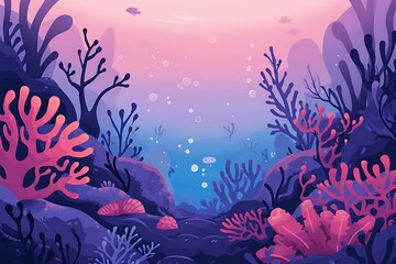 Fototapeta na wymiar Vibrant underwater seascape with diverse marine life among coral reefs, in a lively vector illustration. Generative AI