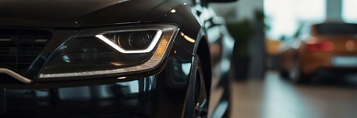 Vertical photo of Headlight modern prestigious car close up. Close up photo of modern car, detail of headlight. - obrazy, fototapety, plakaty