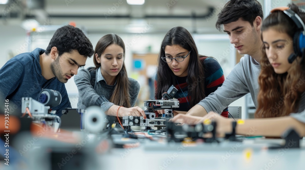 Aufkleber a group of young engineers in a robotics lab, programming together, teamwork and focus clear, with a