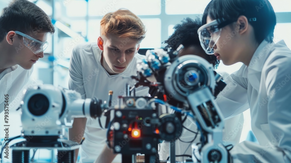 Poster a group of young engineers in a robotics lab, programming together, teamwork and focus clear, with a