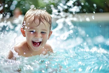 A delighted child splashing and playing in a refreshing pool on a hot day