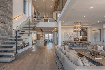 Ultra-modern open concept living space with a floating staircase, contrasting textures, and a neutral color palette.