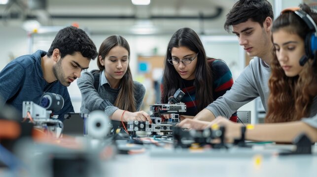 A group of young engineers in a robotics lab, programming together, teamwork and focus clear, with a plain white background, styled as a collaborative tech workspace.