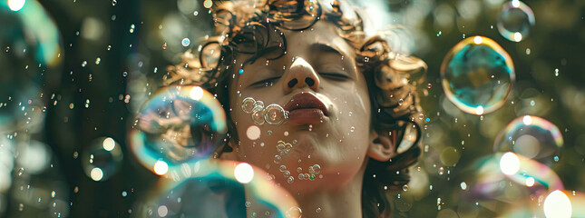 young gen z teenager from future blowing bubbles - obrazy, fototapety, plakaty