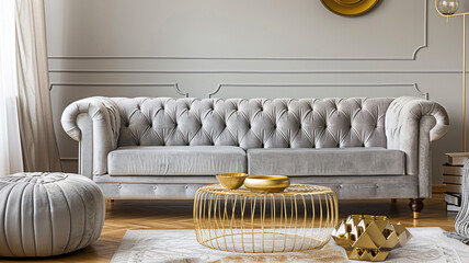 Viewing from the shelter of a cozy alcove, a living room featuring a heather grey velvet sofa, a sophisticated gold wireframe coffee table, and luxurious gold pottery. 
