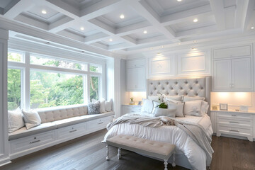 White master bedroom with a sophisticated coffered ceiling, bespoke cabinetry, and an elaborate window seat.