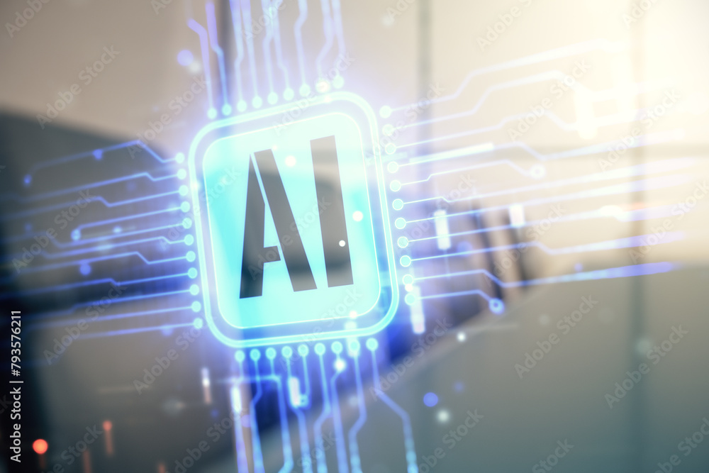 Aufkleber double exposure of creative artificial intelligence icon on a modern meeting room background. neural
