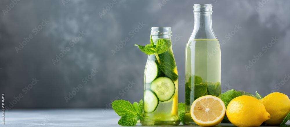 Poster refreshing cucumber mint lemonade in a bottle on the table