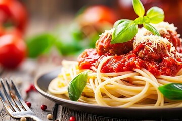Spaghetti topped with rich tomato sauce and meatballs