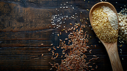 An expansive shot of a wooden spoon next to a collection of grains and seeds, including flaxseed, barley, and couscous, on a dark wooden table. 