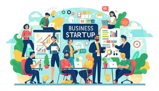 Team of startup business office workers, vector cartoon illustration in a wide aspect ratio on isolated transparent background